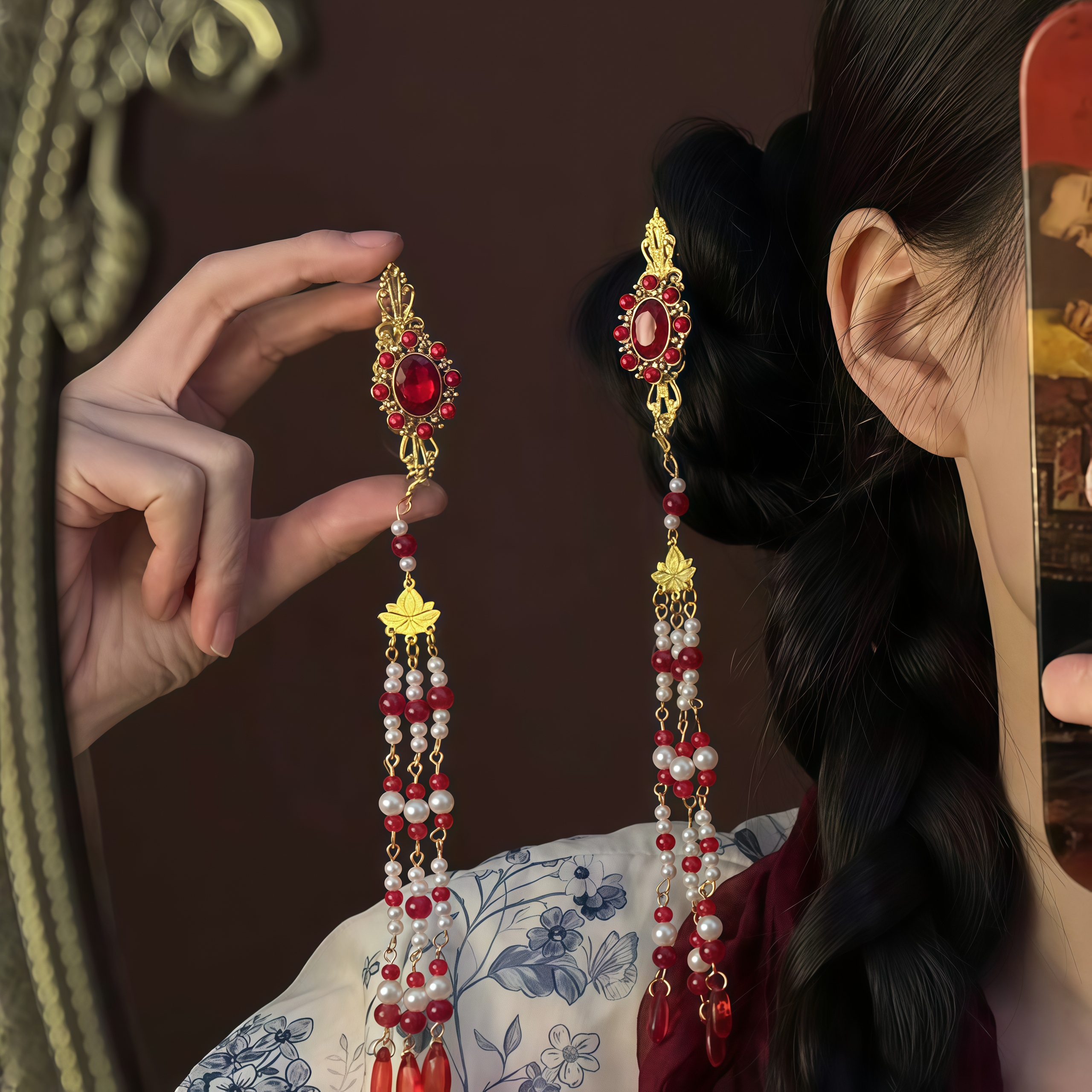 新中式国风红色宝石流苏发夹