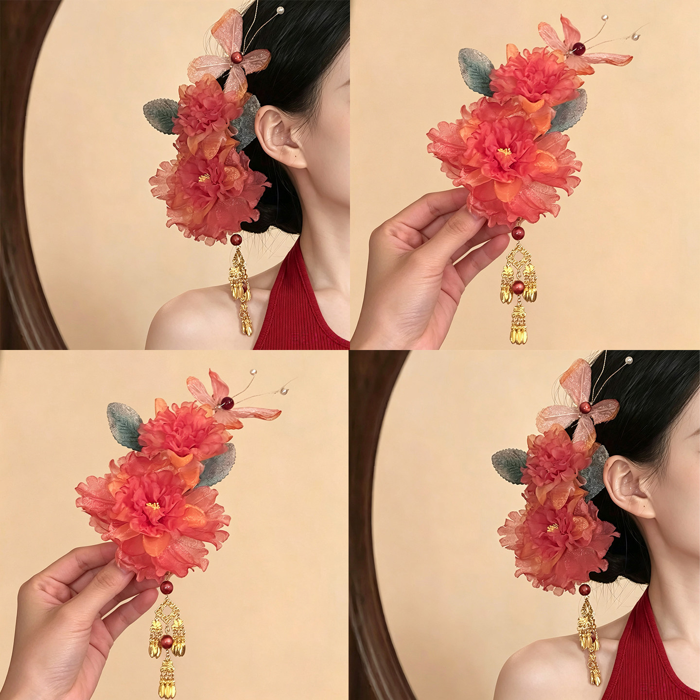 嫣红海棠！新中式红色花朵发夹