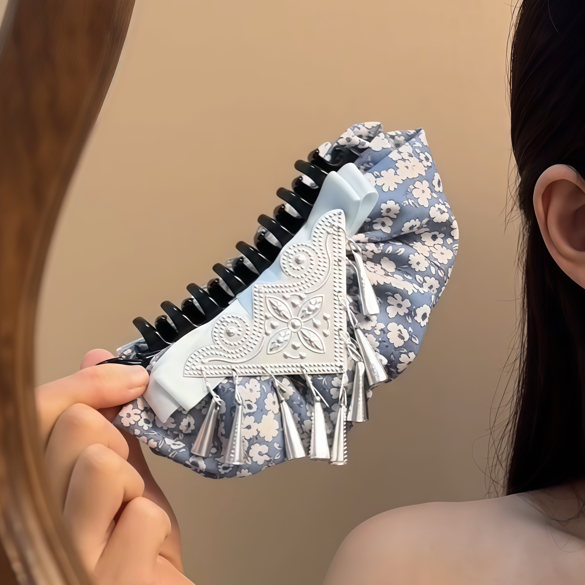 云南大理碎花银色苗疆流苏香蕉夹
