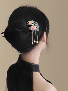 戏水鸳鸯!珍珠花朵流苏檀木发簪女高档宫廷风流苏步摇簪子盘发器