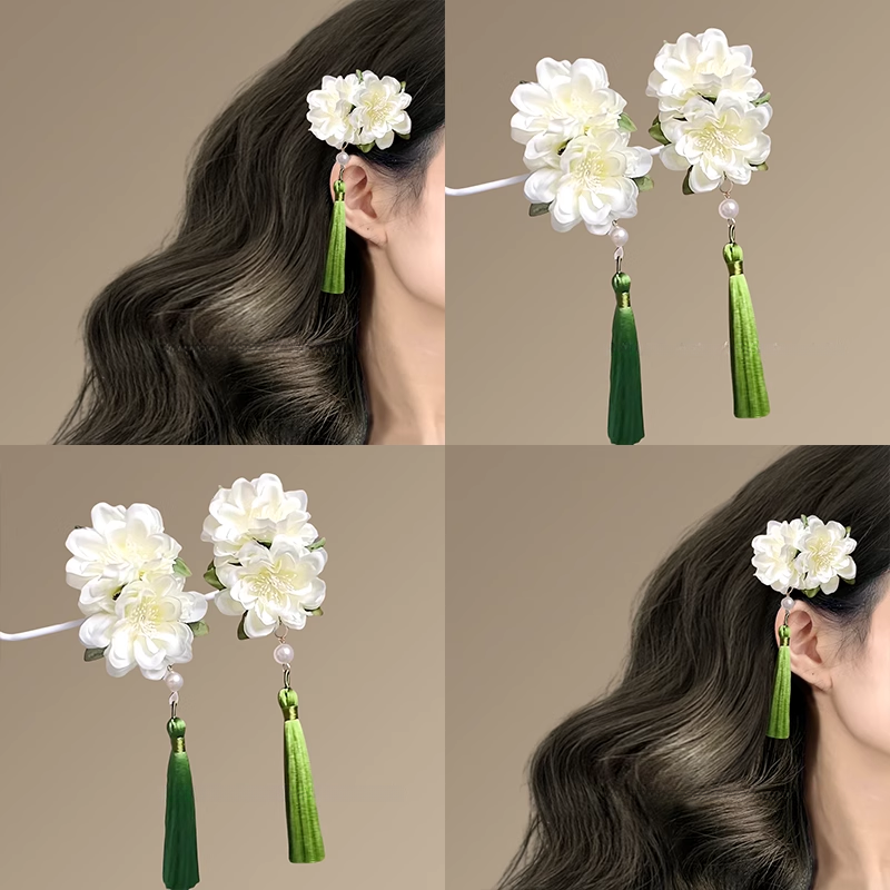 山涧茉莉！山茶花流苏发夹！超仙清新侧边夹刘海夹头花头饰盘发器