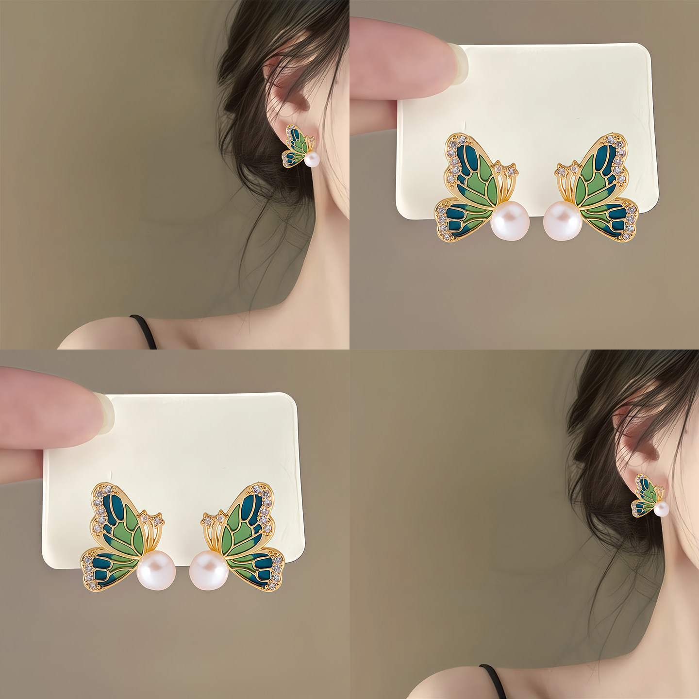 绿野仙踪复古油画感绿色蝴蝶耳钉