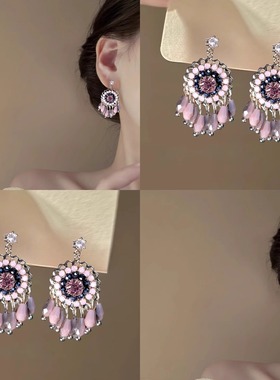 丁香紫韵！紫色串珠流苏耳环！高质量轻奢百搭耳针高级感耳饰拎环