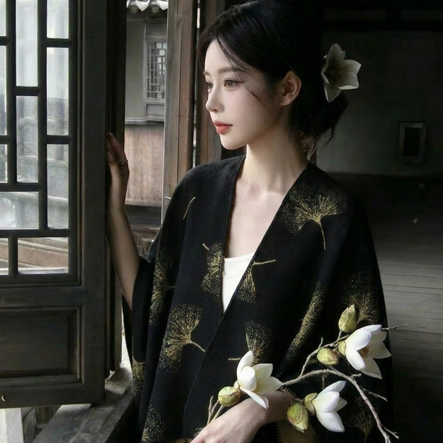 温婉东方美!优雅银杏印花披肩