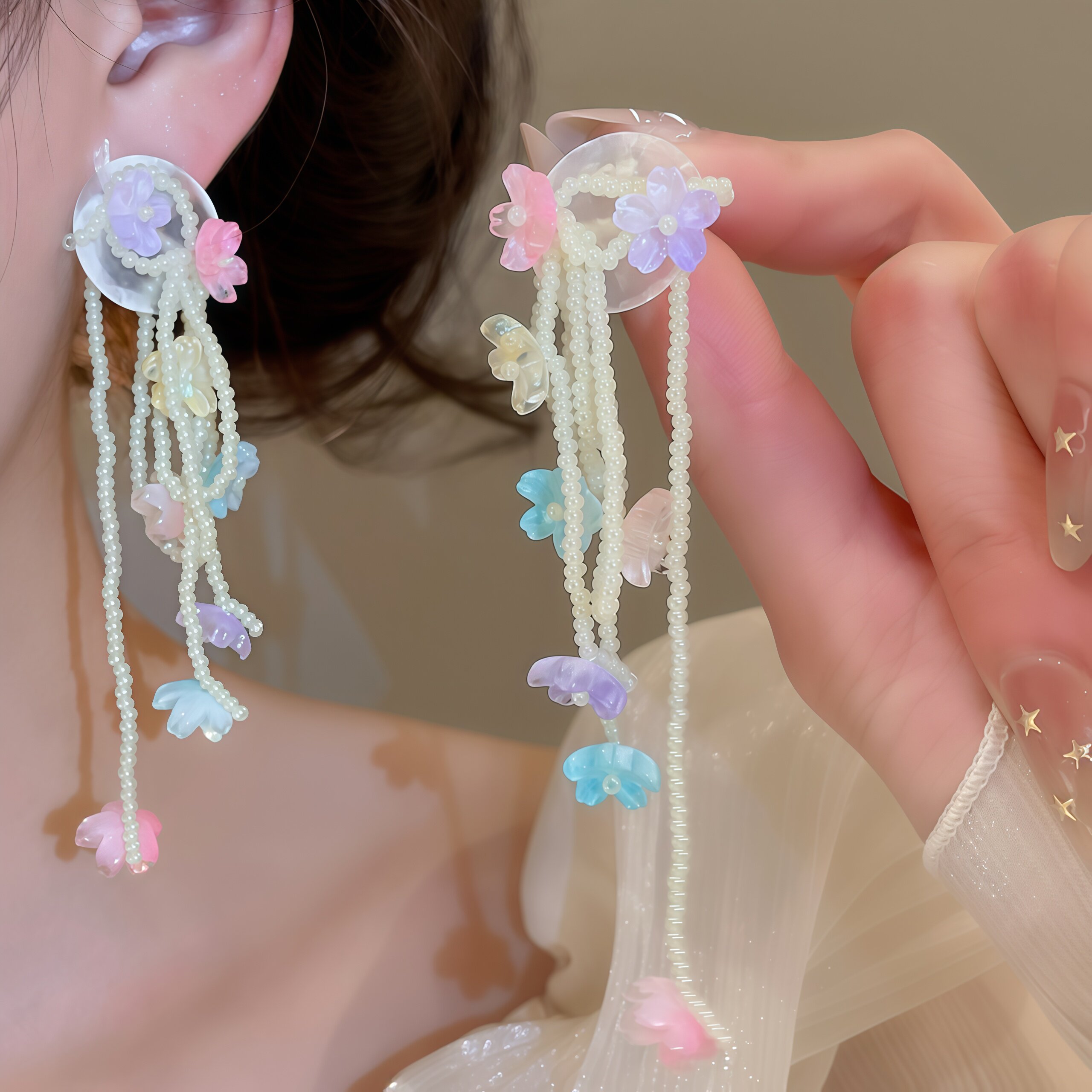 晕染春色~粉色贝壳花朵流苏耳环