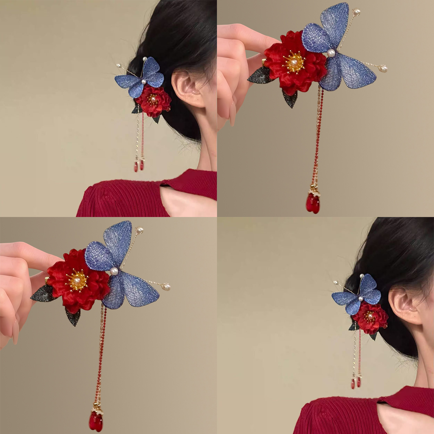 步摇春红！新中式红色花朵发夹