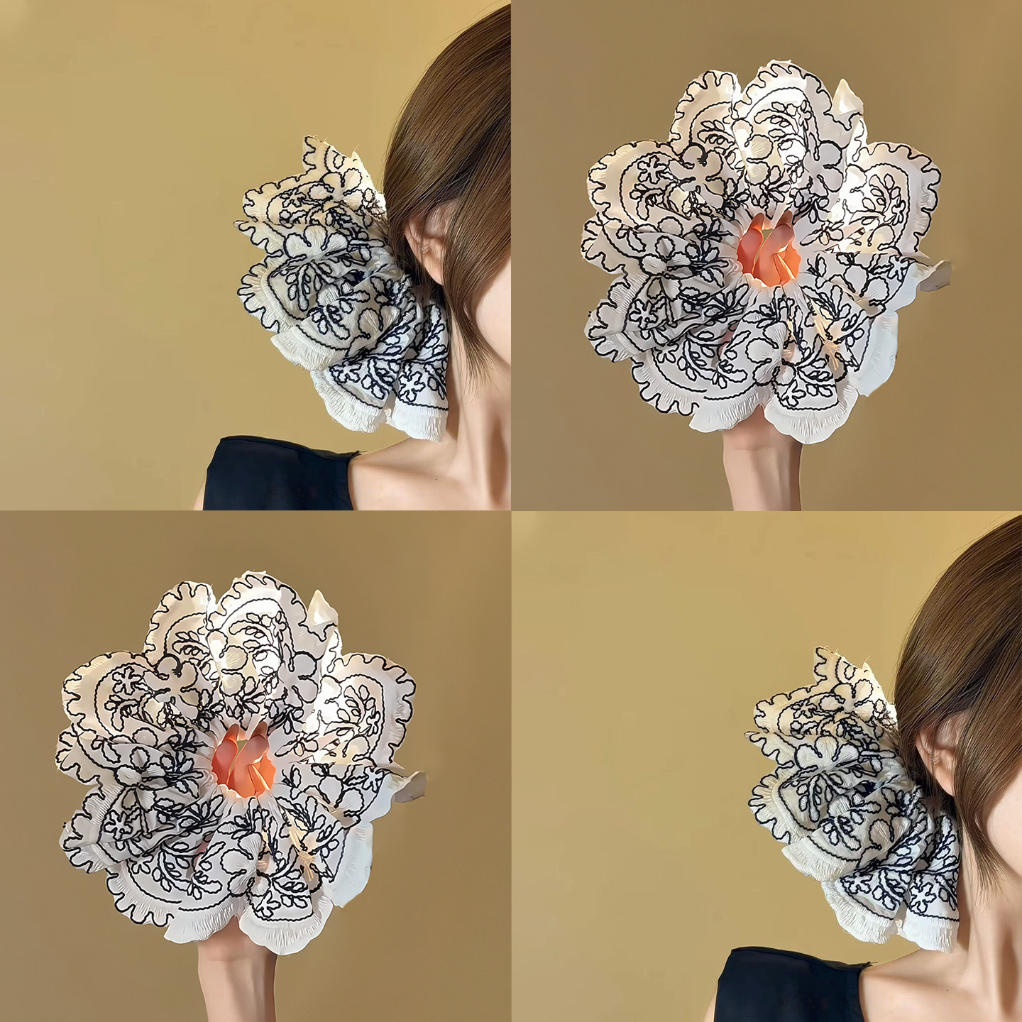 淡雅花簇!黑色花纹刺绣花朵发圈