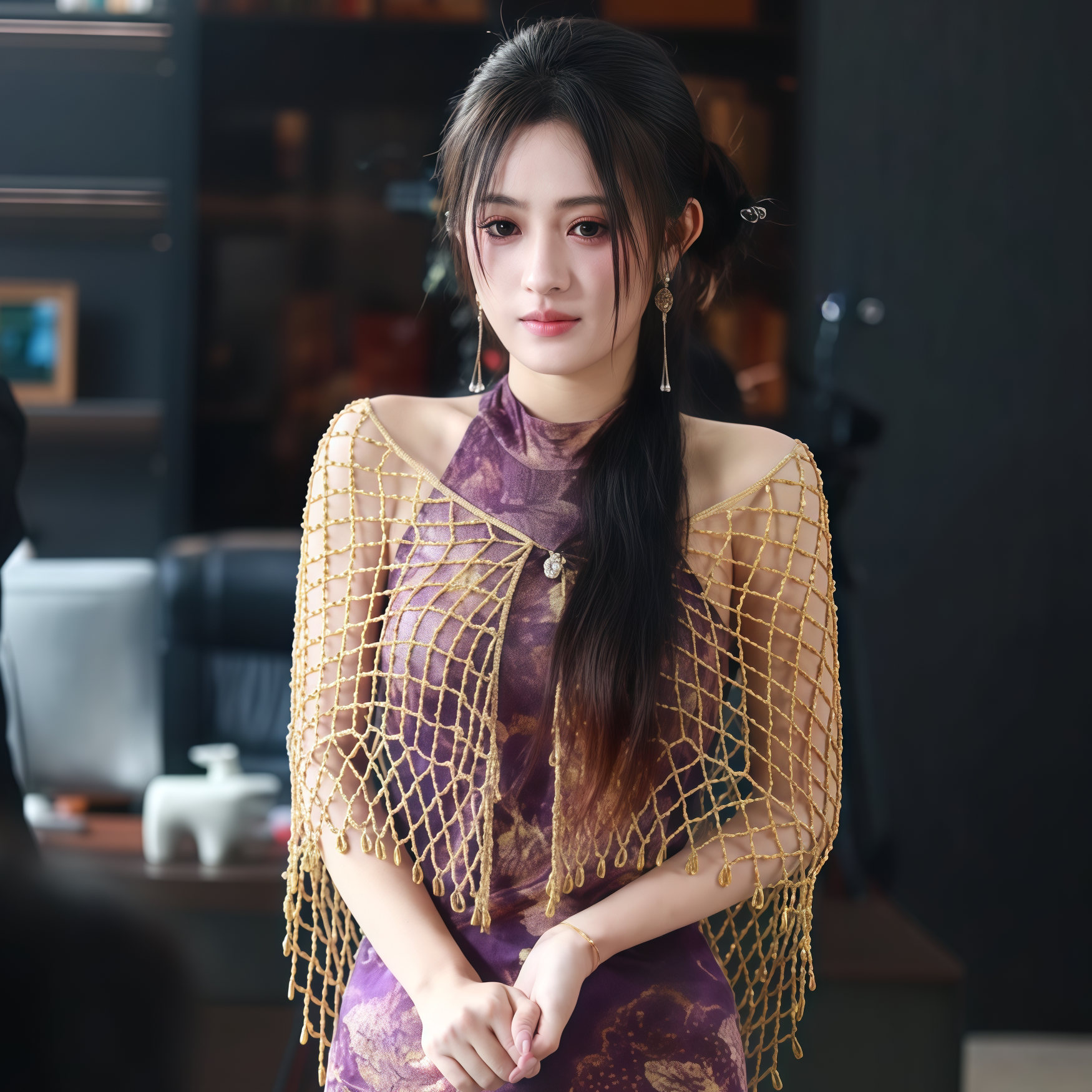 新中式黄色手钩花钉珠流苏三角巾渔网披肩配旗袍外搭女士开衫斗篷