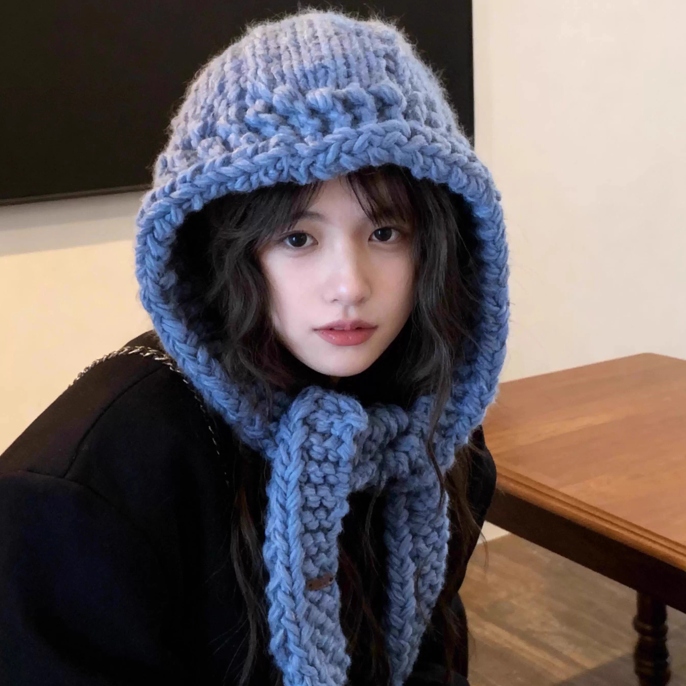 蓝色针织巴拉克拉法帽毛线帽围巾