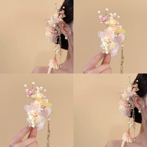 花间雅颂！仙美粉色花朵流苏发夹