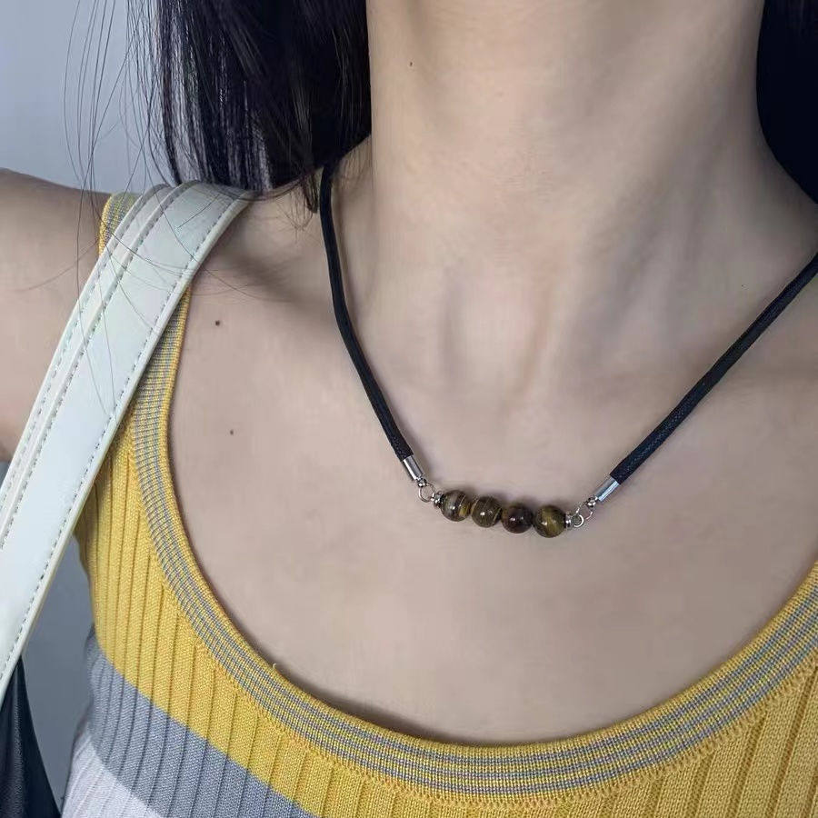 小众简约韩系项链叠戴个性黄虎眼黑皮绳吊坠百搭锁骨链项链平安