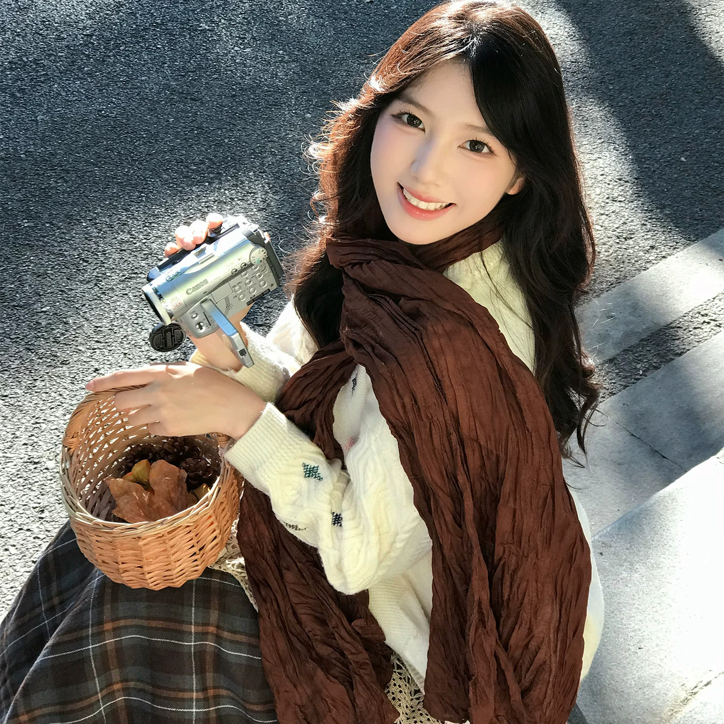 美拉德棕色压皱围巾拍照出片围脖