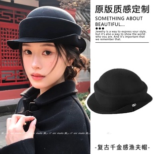 复古千金风黑色小礼帽赫本风羊毛渔夫帽秋冬新品配大衣帽子盆帽女