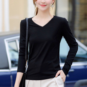上衣胖MM莫代尔春天长袖 春秋打底衫 女螺纹V领大码 鸡心领黑色薄T恤