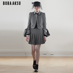 伦敦时装 学院风毛呢雾灰半身裙B1EGW72030 周BORAAKSU2024早秋新品