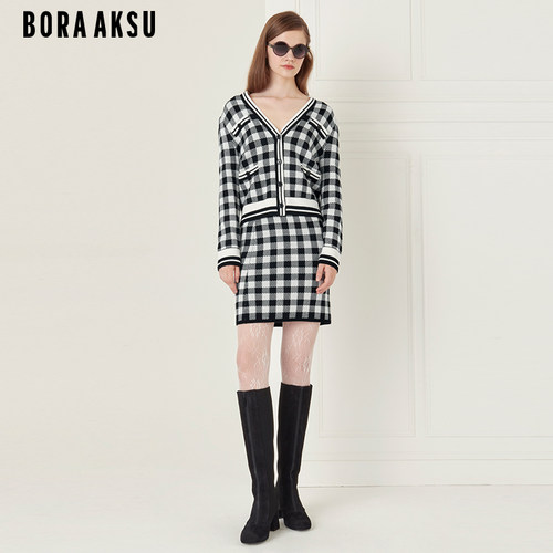 BORAAKSU黑白格纹羊毛针织半裙