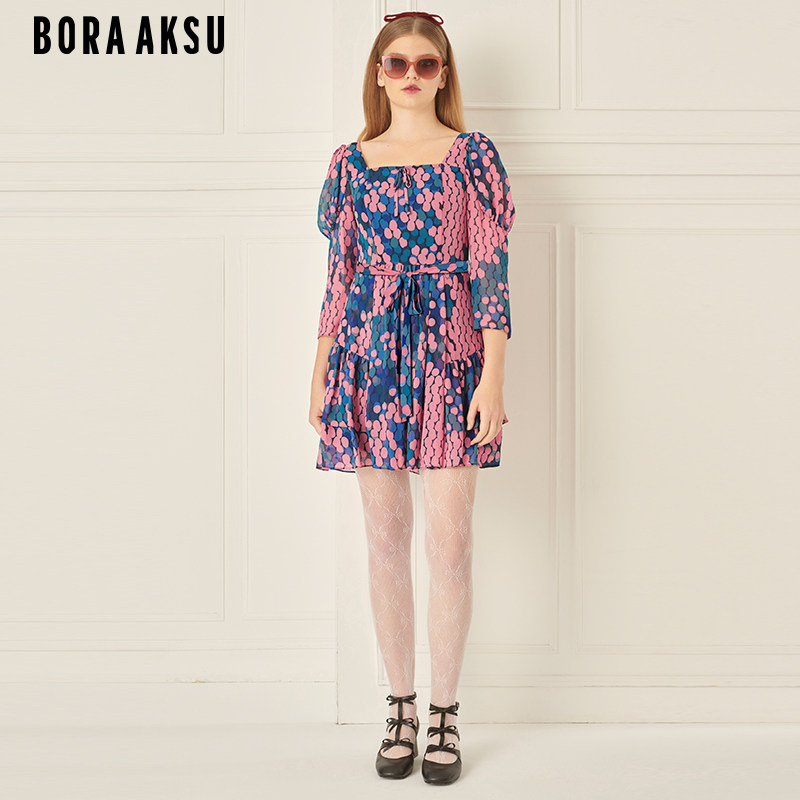 BORAAKSU2024早春新品泡泡袖蝴蝶结缀饰波点印花连衣裙B1EAW61220