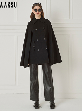 BORAAKSU2023秋季新品桑蚕丝混纺翻领双排扣双面呢斗篷B1DHW90280