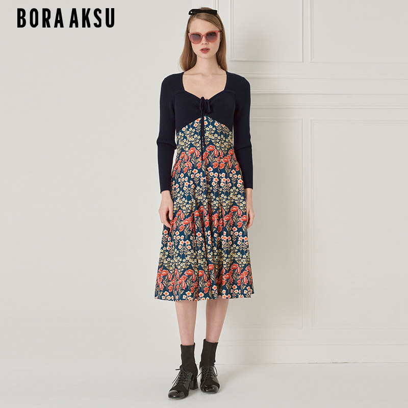 BORAAKSU秋季复古钻石领针织拼接印花连衣裙B1DHW61620