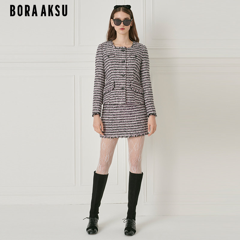 BORAAKSU2023秋冬新品复古钻石领须边缀饰粗花呢外套B1DHW90140