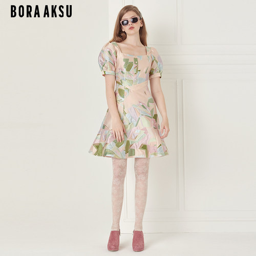 BORAAKSU方领泡泡袖鱼尾连衣裙