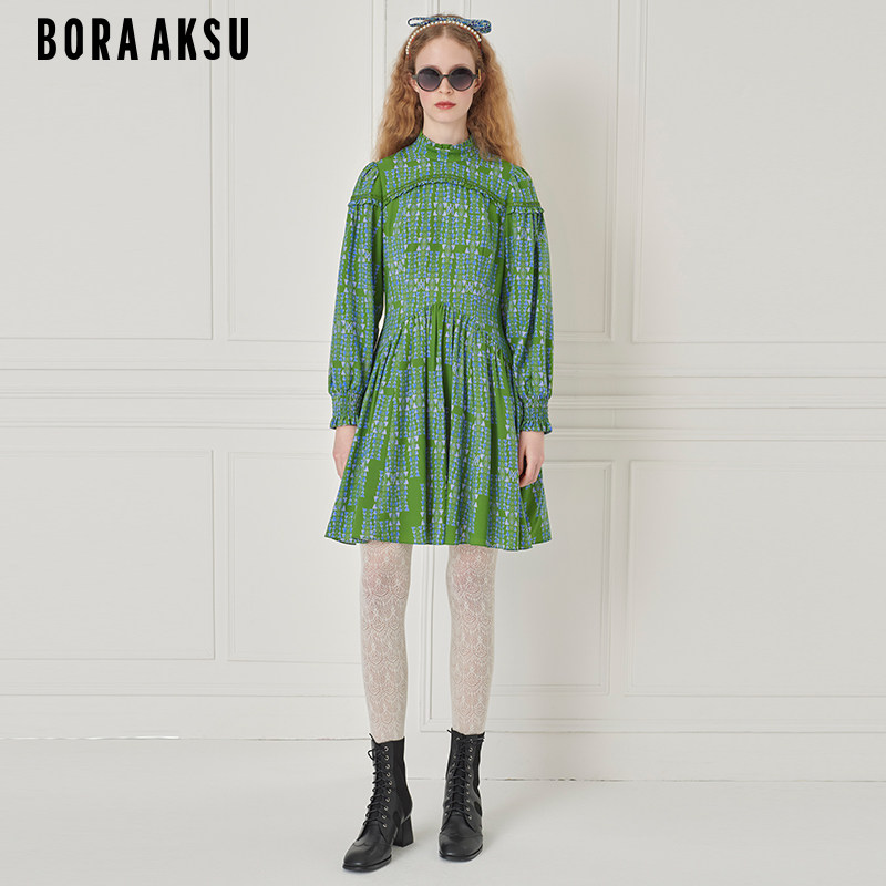 BORAAKSU早秋复古立领泡泡袖褶裥印花连衣裙B1EGW62140
