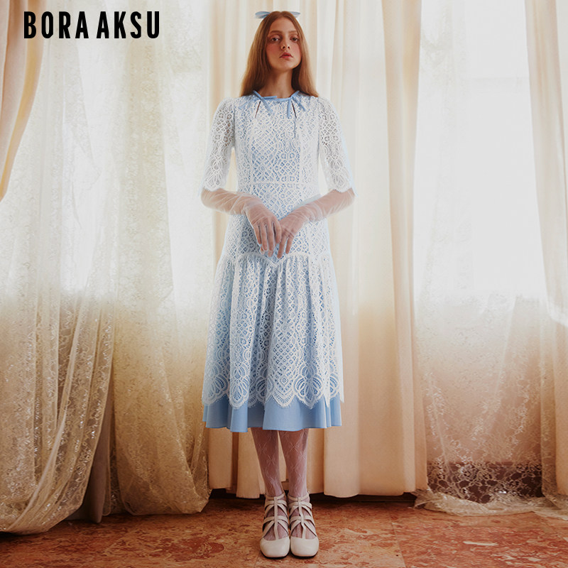BORAAKSU2024早春新品浪漫蓝白蕾丝拼接宫廷风连衣裙B1EBW62820