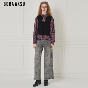 黑粉印花针织假两件衬衫 B1EGW26520 泡泡袖 BORAAKSU2024早秋新品