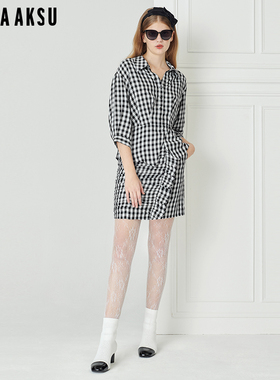 BORAAKSU2023初夏新品醋纤泡泡袖黑白格纹收身燕尾衬衣B1DCW46190