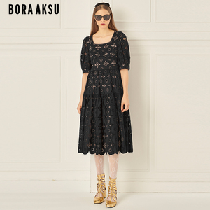 BORAAKSU2024早春新品法式复古泡泡袖方领蕾丝连衣裙B1EAW61720