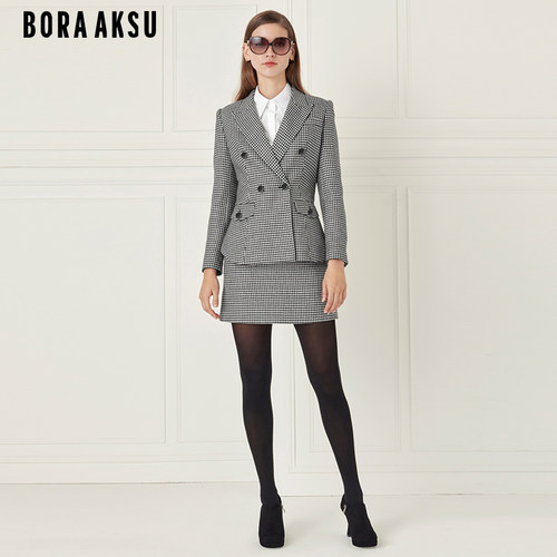 BORAAKSU千鸟格绵羊毛半身裙