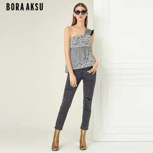 商场同款 BORAAKSU2022夏新不对称黑白条纹碎花拼接吊带B1CDW81080