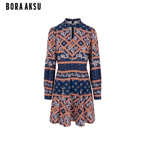 BORAAKSU泡泡袖印花褶裥连衣裙
