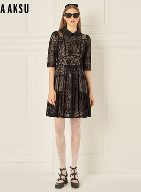 BORAAKSU2024早春新品复古彼得潘领网纱拼接蕾丝连衣裙B1EAW62140