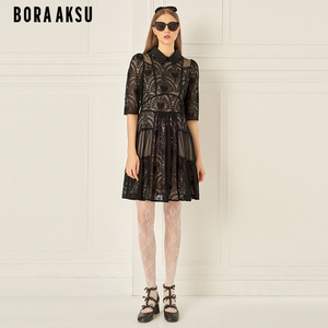BORAAKSU2024早春新品复古彼得潘领网纱拼接蕾丝连衣裙B1EAW62140