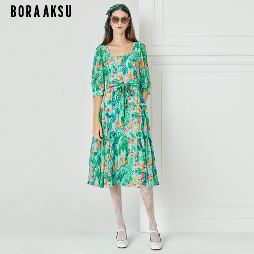 BORAAKSU热带印花褶裥连衣裙