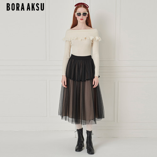 BORAAKSU网纱褶裥长款半身裙