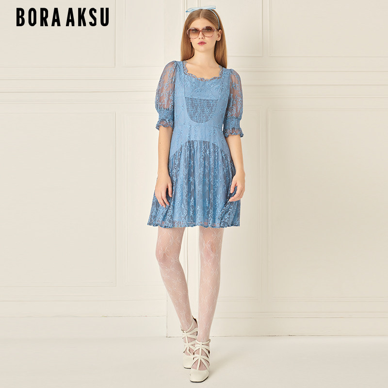 BORAAKSU2024早春新品法式宫廷泡泡袖钻石领蕾丝连衣裙B1EAW62900