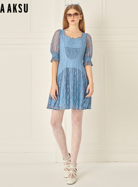 BORAAKSU2024早春新品法式宫廷泡泡袖钻石领蕾丝连衣裙B1EAW62900