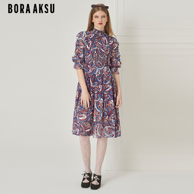 BORAAKSU佩斯利印花泡泡袖连衣裙