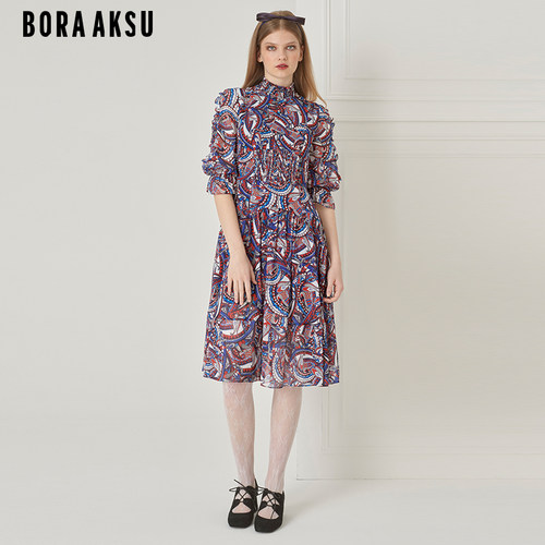 BORAAKSU佩斯利印花泡泡袖连衣裙