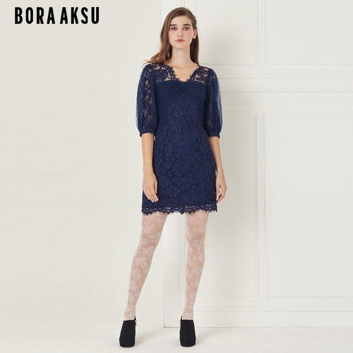 BORAAKSU泡泡袖蕾丝网纱连衣裙