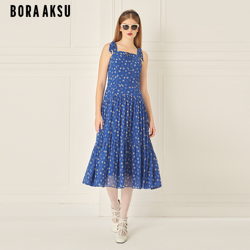 BORAAKSU2024初夏新品蝴蝶结缀饰吊带褶裥印花连衣裙B1ECW62710