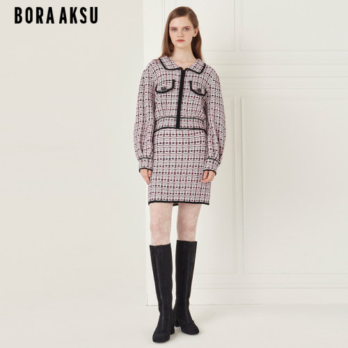 BORAAKSU红白黑格纹毛针织半裙