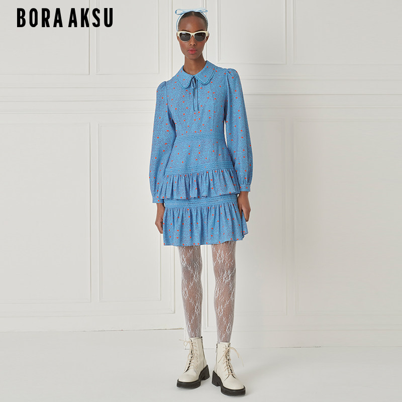 BORAAKSU初冬泡泡袖彼得潘领荷叶边裙摆连衣裙B1DIW61740