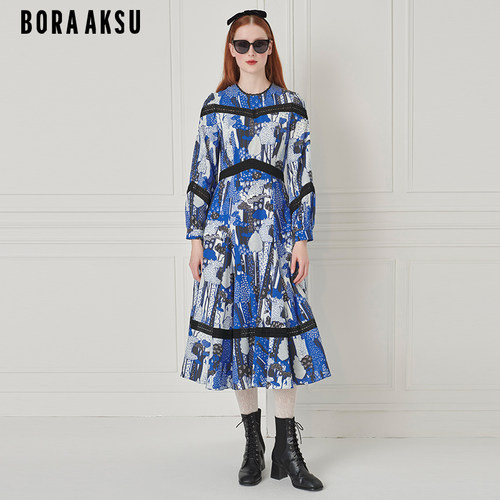 BORAAKSU泡泡袖小花边印花连衣裙