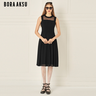 BORAAKSU2024夏季 三醋酸网纱拼接花边缀饰小黑裙B1ECW64430 新品