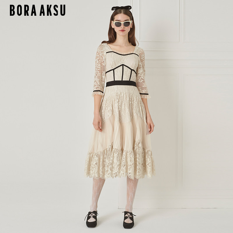 BORAAKSU2023夏季新品法式宫廷拼色钻石领蕾丝礼服裙B1DFW61460