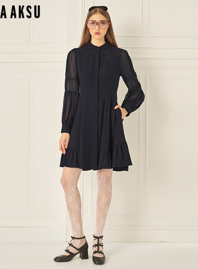 BORAAKSU2024早春新品三醋酸泡泡袖立领褶裥装饰连衣裙B1EAW61670