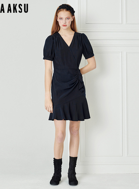 BORAAKSU2023夏季新品优雅V领泡泡袖收身小鱼尾连衣裙B1DDW64340